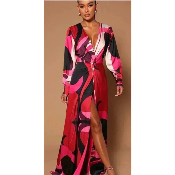Fashion Nova NOVA LUXE Pink/Black Maxi Dress Size XS. Sexy Long Sleeve Vneck - Picture 2 of 11